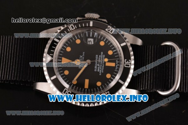 Rolex Submariner Vintage Swiss ETA 2836 Automatic Steel Case with Black Dial Dot Markers and Black Nylon Strap - Click Image to Close
